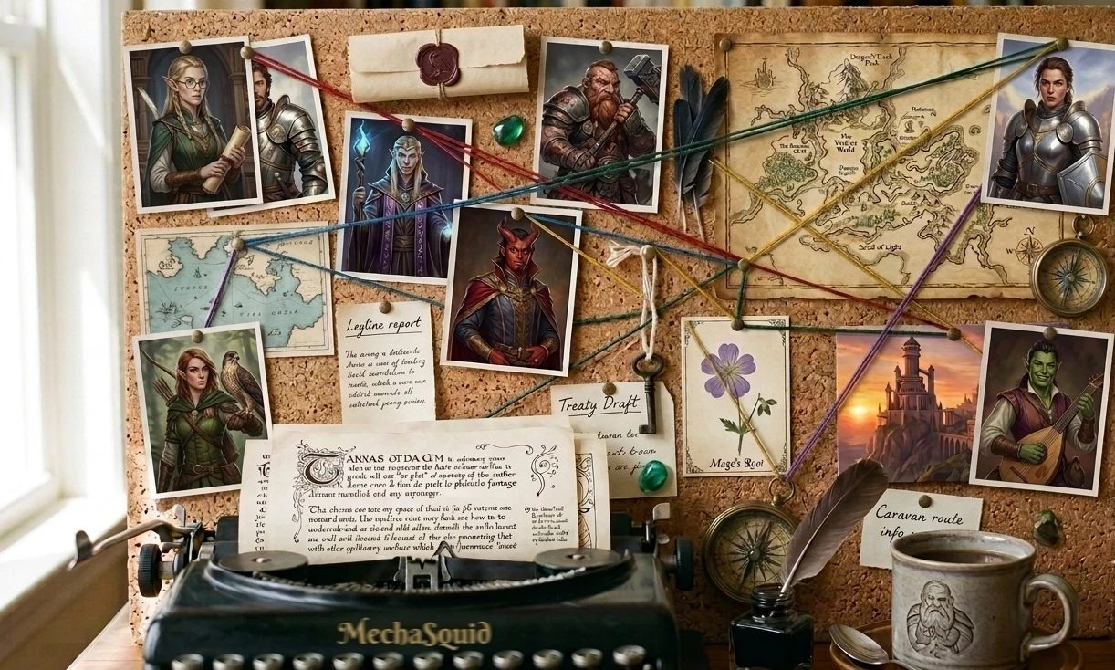 A fantasy writer's cork board: portraits of an elf scholar, a knight, a dwarf, a tiefling, a ranger with a hawk and a half-orc bard, hand-drawn maps, a sealed letter, a treaty draft and a pressed flower, joined by coloured string, above an old typewriter bearing the MechaSquid name, a quill, an inkwell, a compass and a mug of tea