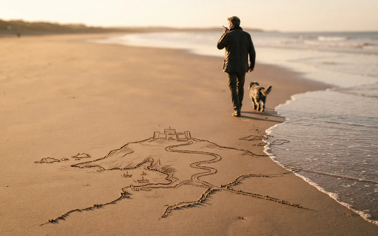A man walks his dog away along a beach at golden hour, talking into his phone, having left drawn in the wet sand behind him the map he is inventing: a coastline, a castle on its headland, a road and a small harbor, with the tide just reaching its edge