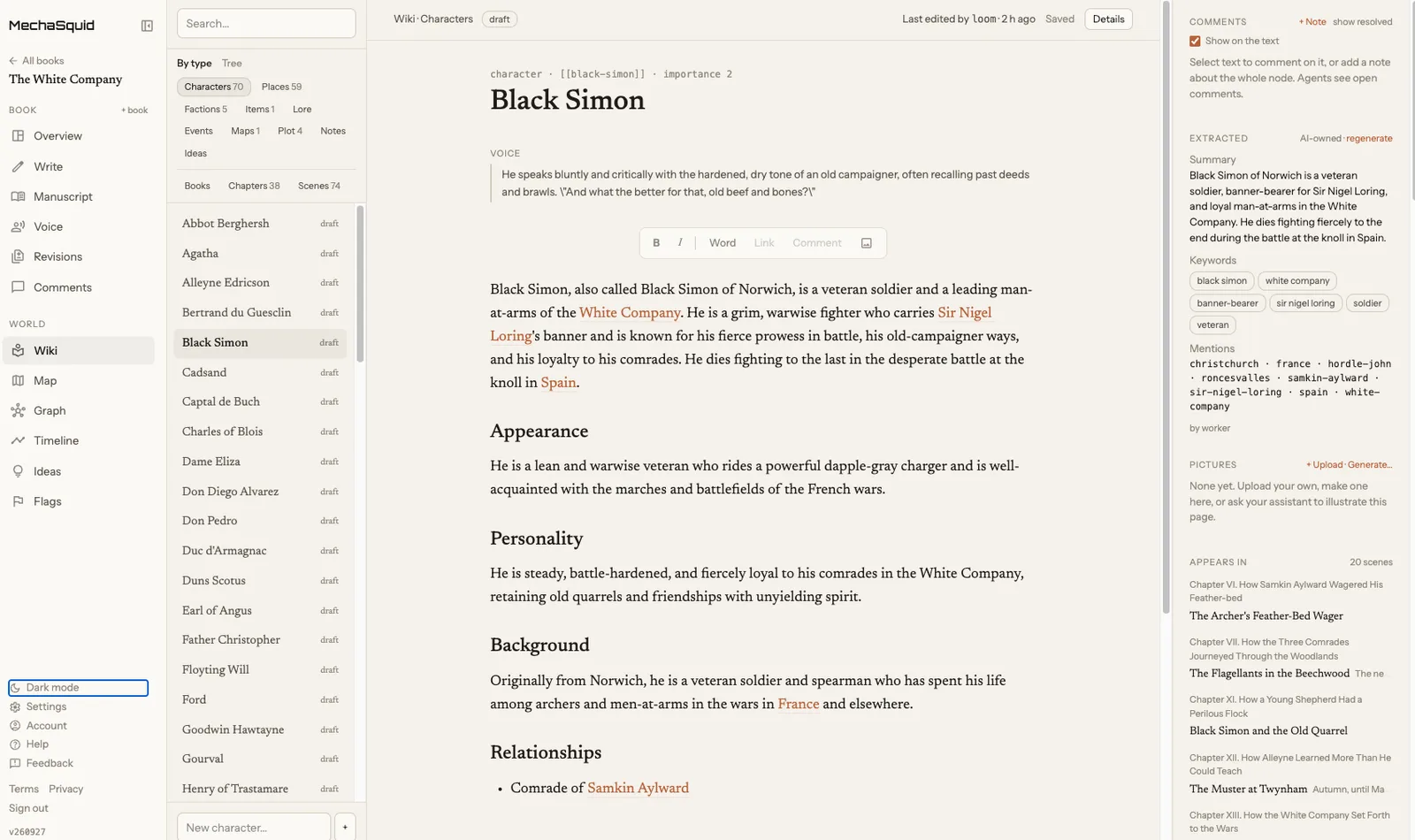 A character's page in the wiki: Black Simon, with how he speaks, his appearance, personality, background and relationships, all drawn from the book, and on the right a summary and the twenty scenes he appears in