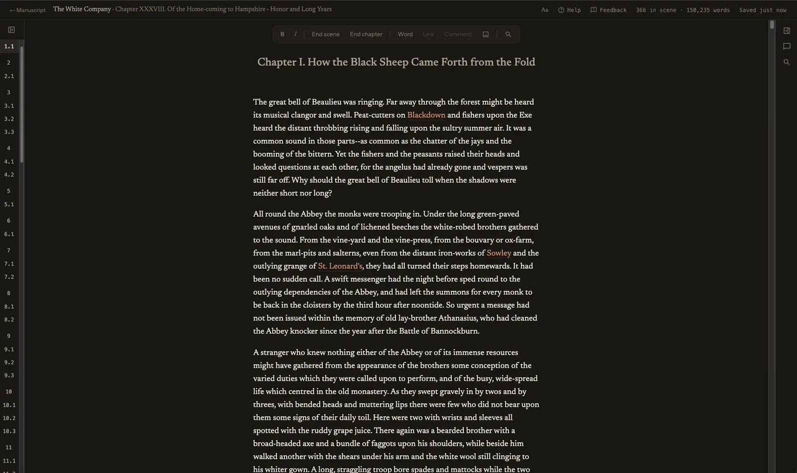 Write mode: the opening of The White Company as one quiet page of prose, with the names of places linked to their pages, the chapters and scenes folded to numbers on the left, and a quiet toolbar above the text