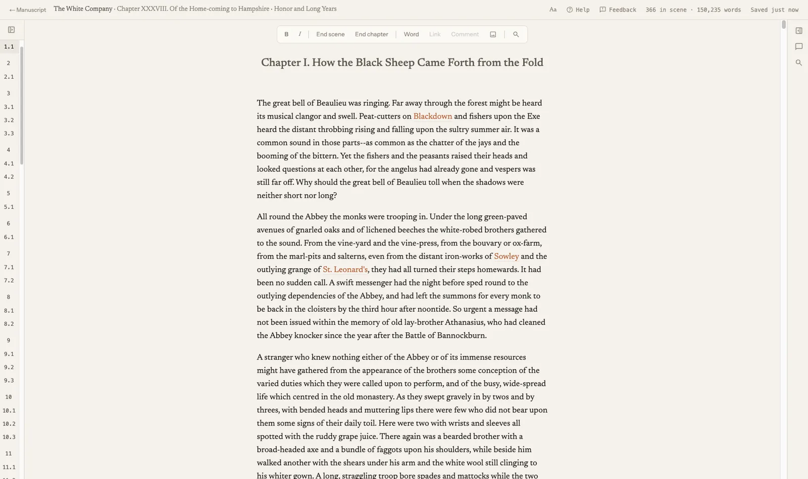 Write mode: the opening of The White Company as one quiet page of prose, with the names of places linked to their pages, the chapters and scenes folded to numbers on the left, and a quiet toolbar above the text